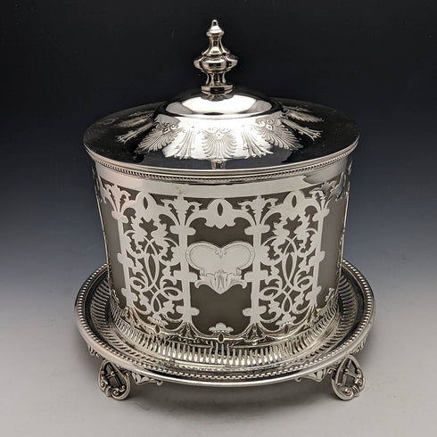 Late Victorian British Antique Silver Plated Biscuit Barrel with Glass Inner